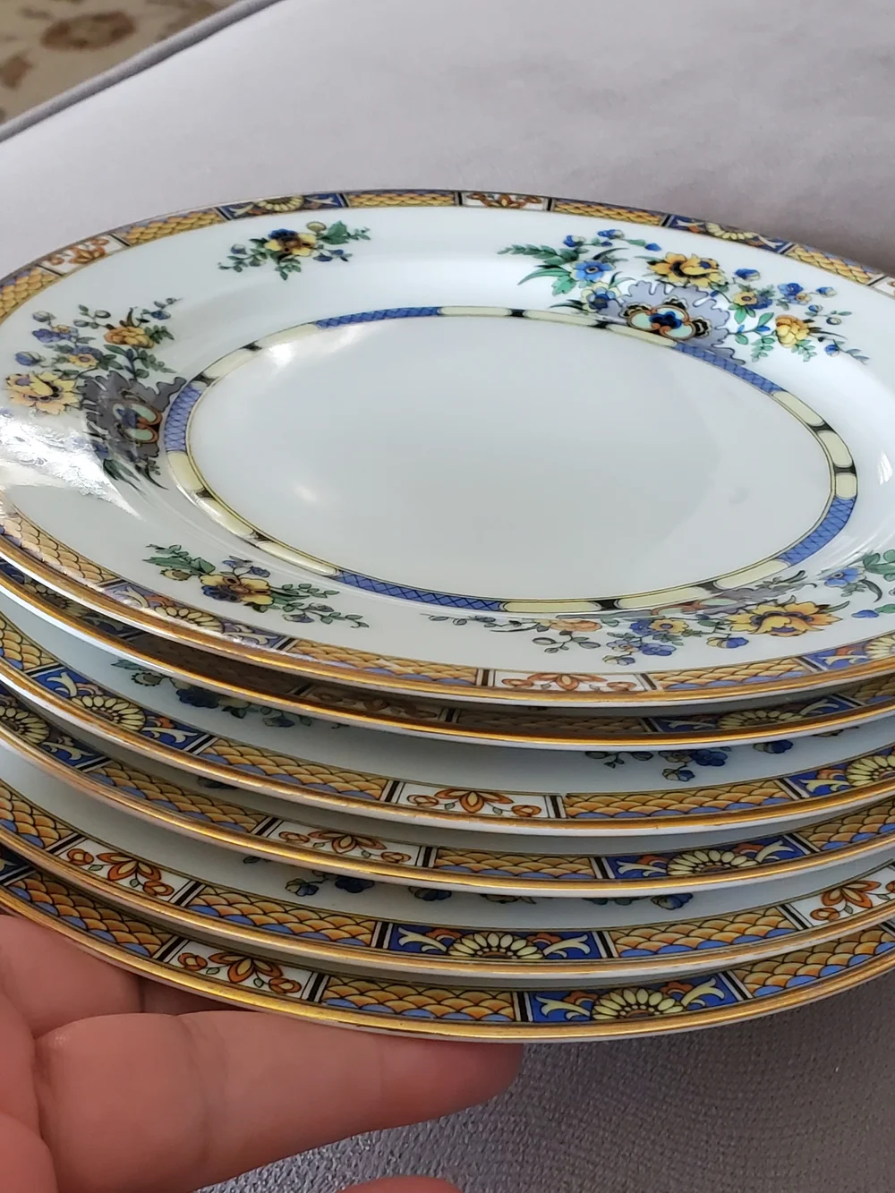 Porcelain Salad  Plate with Yellow & Blue Floral Motif and Gold Rim